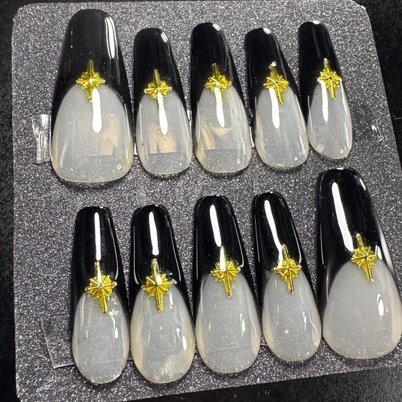 Long coffin french tip black with gold stars handmade press on nails - Picture 2 of 5